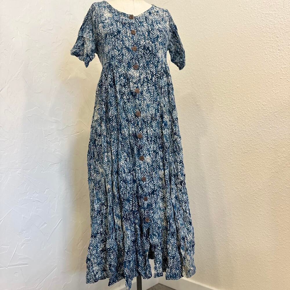 Kitavi Women’s Medium Dress Blue Leaf Print Button Front Midi Dress